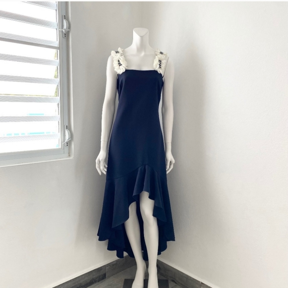 NWT Alexia Admor Navy Size 2 Flutter Hem Midi Dress with Embellished Straps - Picture 4 of 15